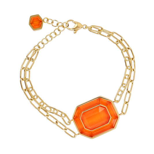 Bracelet femme acier doré pierre synthétique orange octogonale