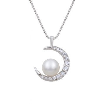 Collier femme argent 925 lune zirkonia et perle de culture