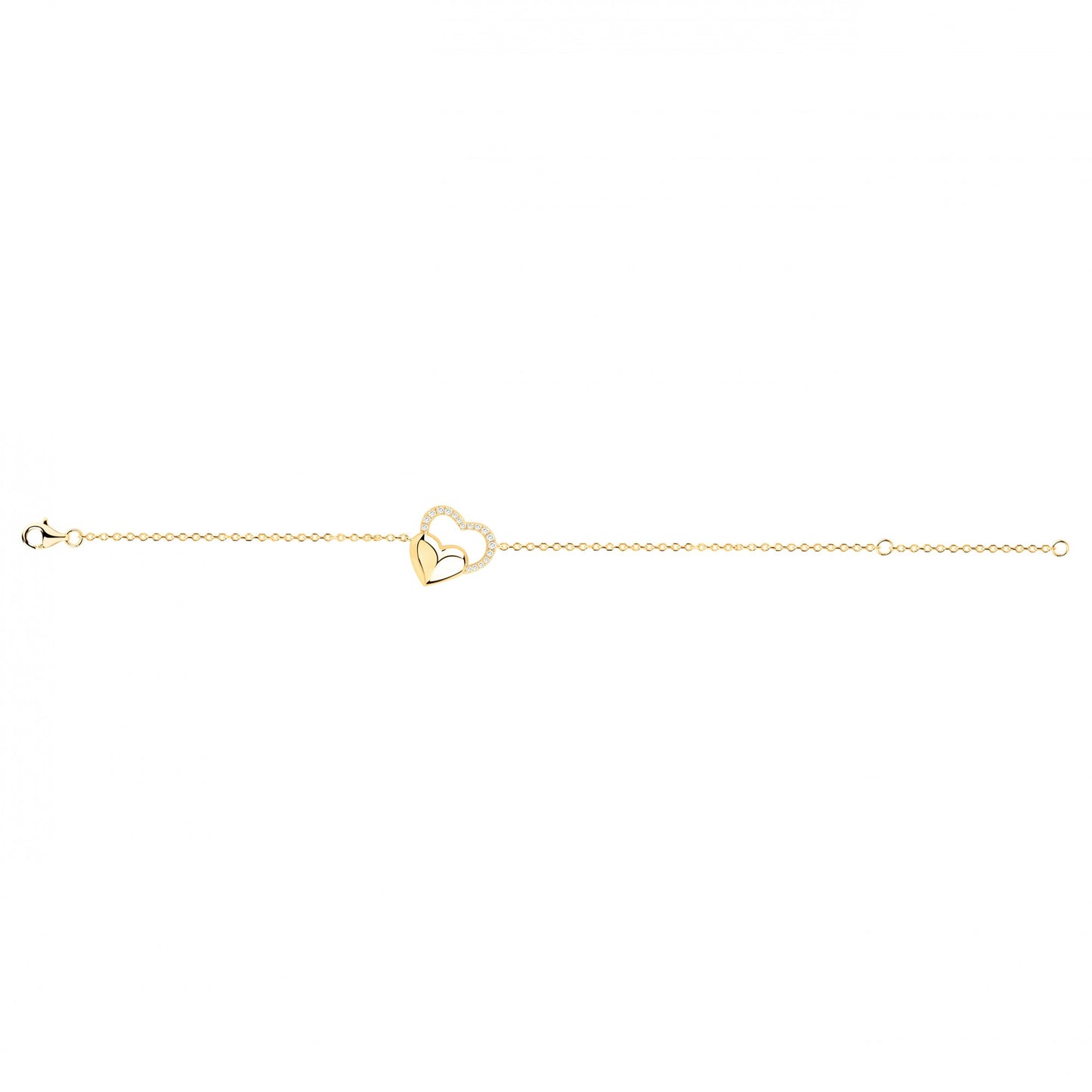 Bracelet femme plaqué or jaune double cœur zirconia