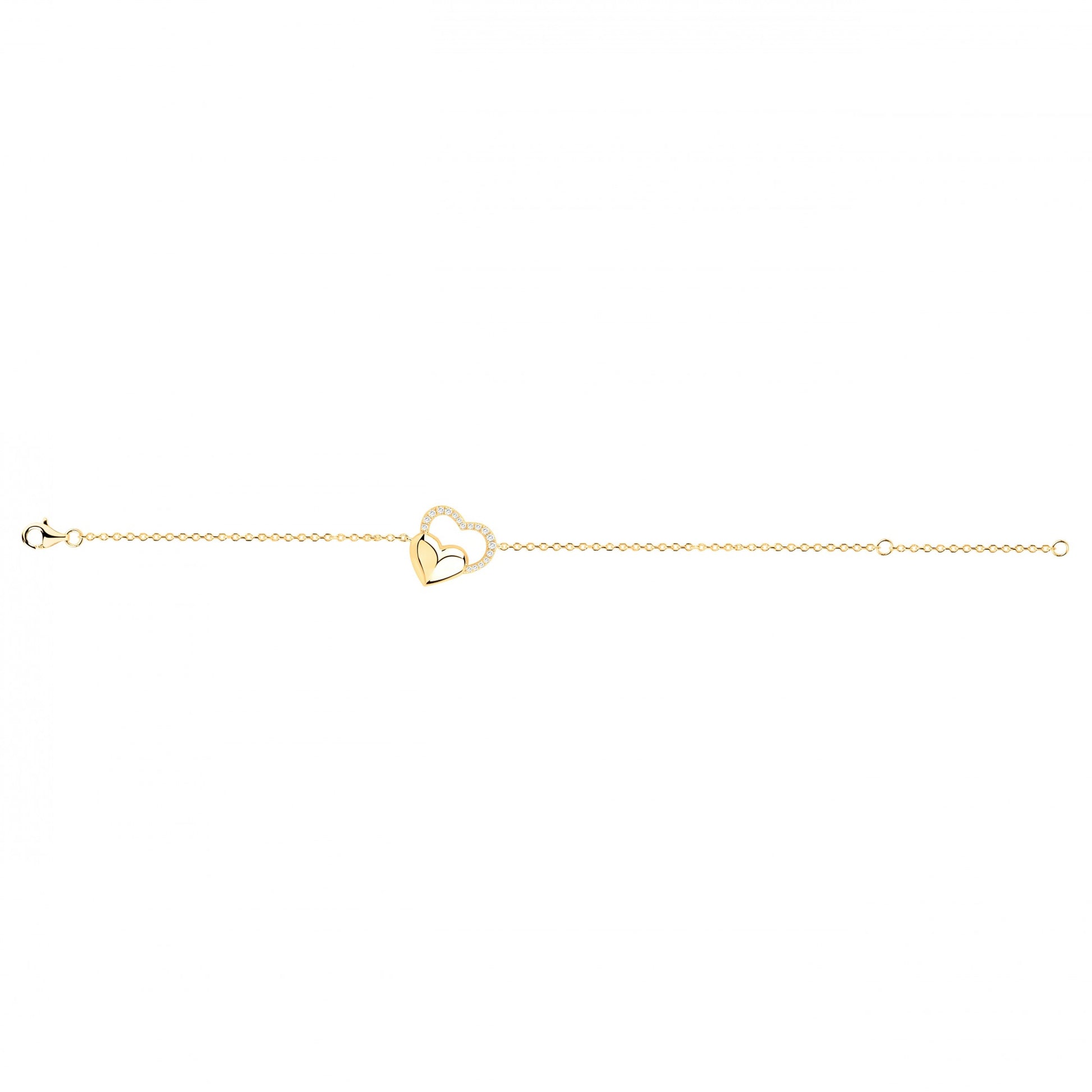 Bracelet femme plaqué or jaune double cœur zirconia