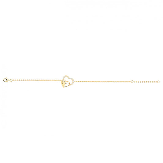 Bracelet femme plaqué or jaune double cœur zirconia
