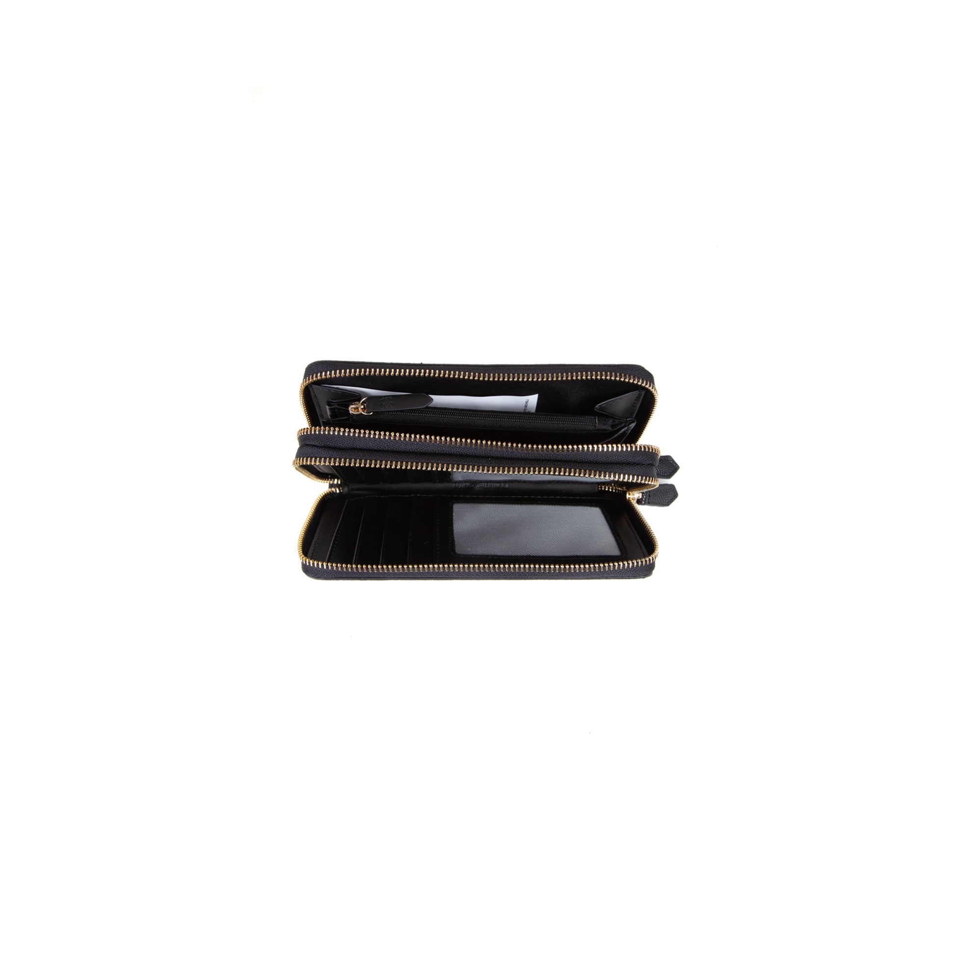 Portefeuille femme zippé noir grainé détails dorés