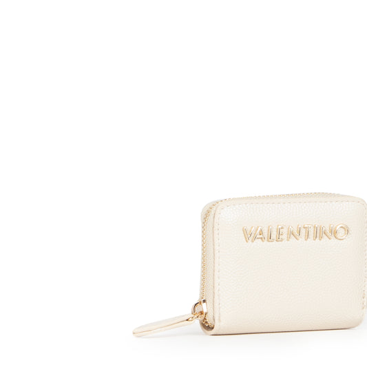 Portefeuille femme zippé beige doré lettres métal
