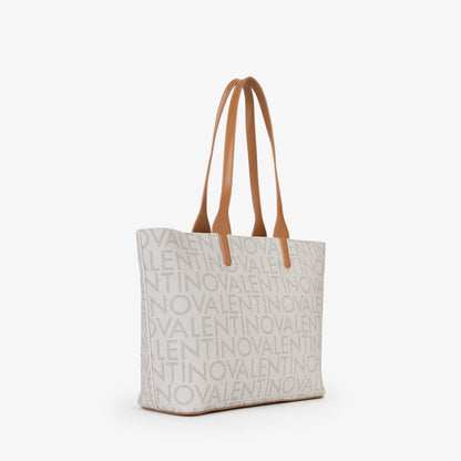 Sac cabas femme toile monogrammée beige anses camel