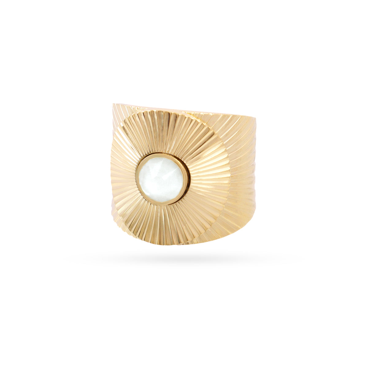 Bague femme acier doré motif soleil pierre synthétique blanche