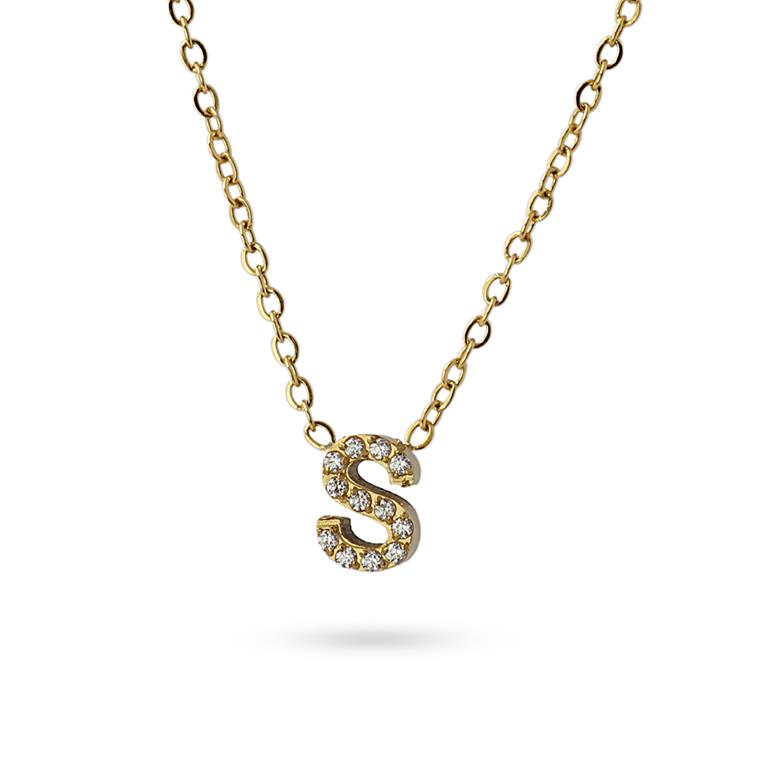 Collier femme acier jaune lettre S zirconia 38cm