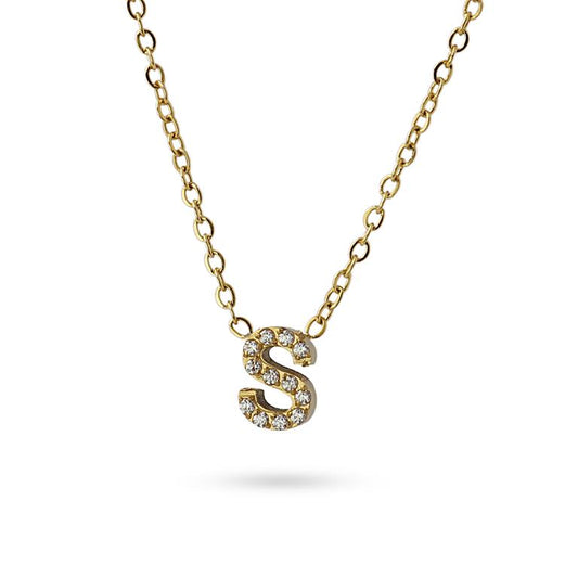 Collier femme acier jaune lettre S zirconia 38cm