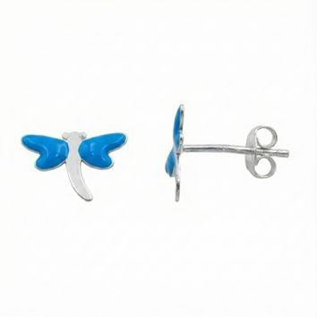 Clous d'oreilles enfant argent 925 libellule émail bleu