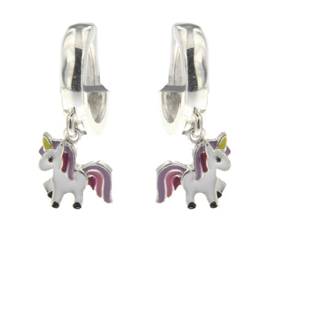 Créoles enfant argent 925 pendant licorne laquée multicolore