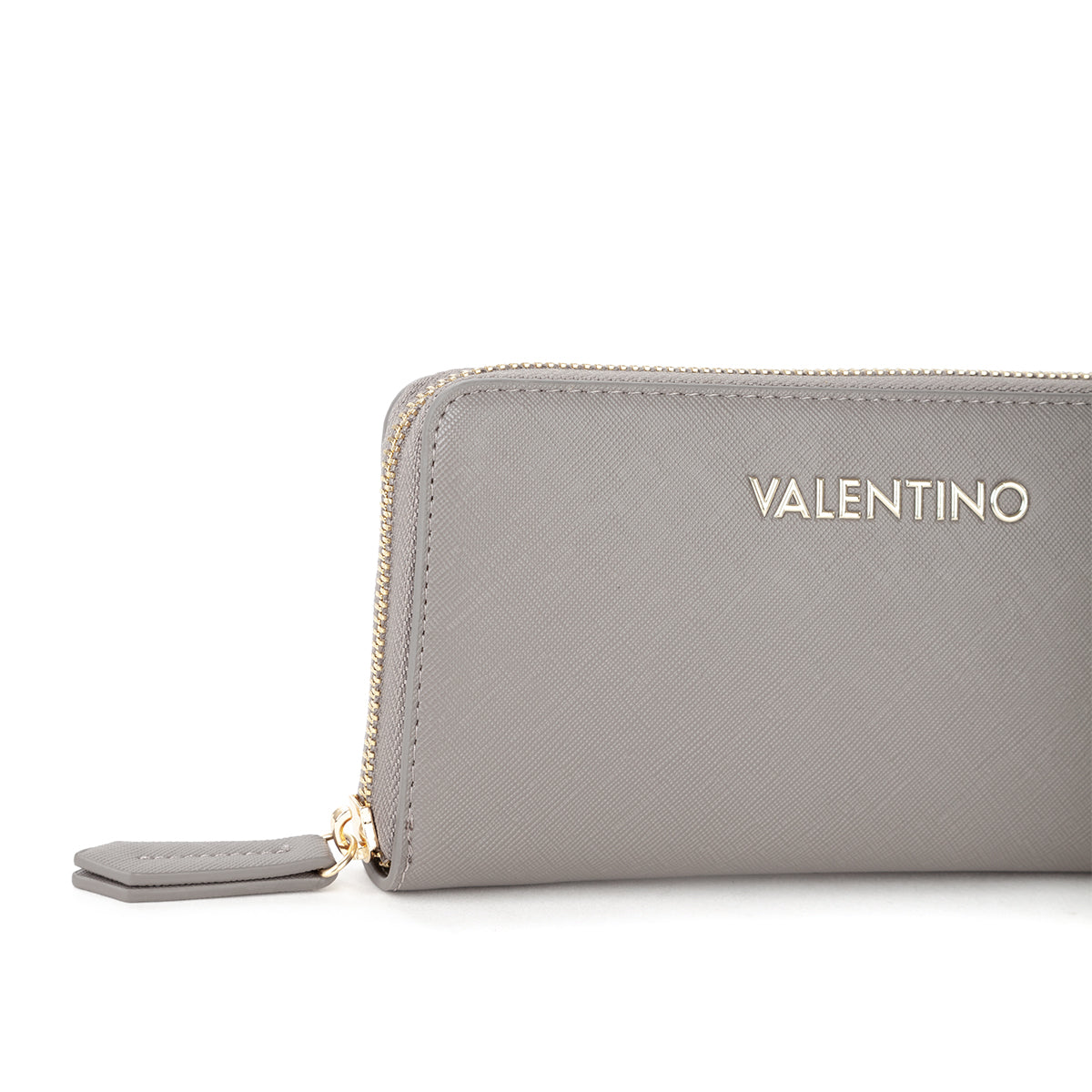 Portefeuille femme zippé saffiano gris clair doré