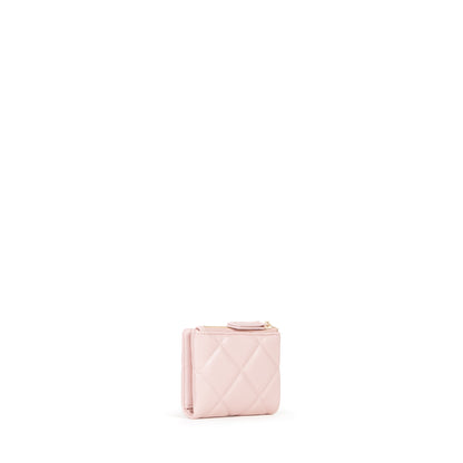 Portefeuille femme matelassé rose poudré zippé compact