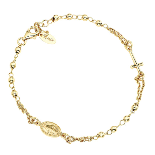 Bracelet chapelet femme argent doré croix et médaille