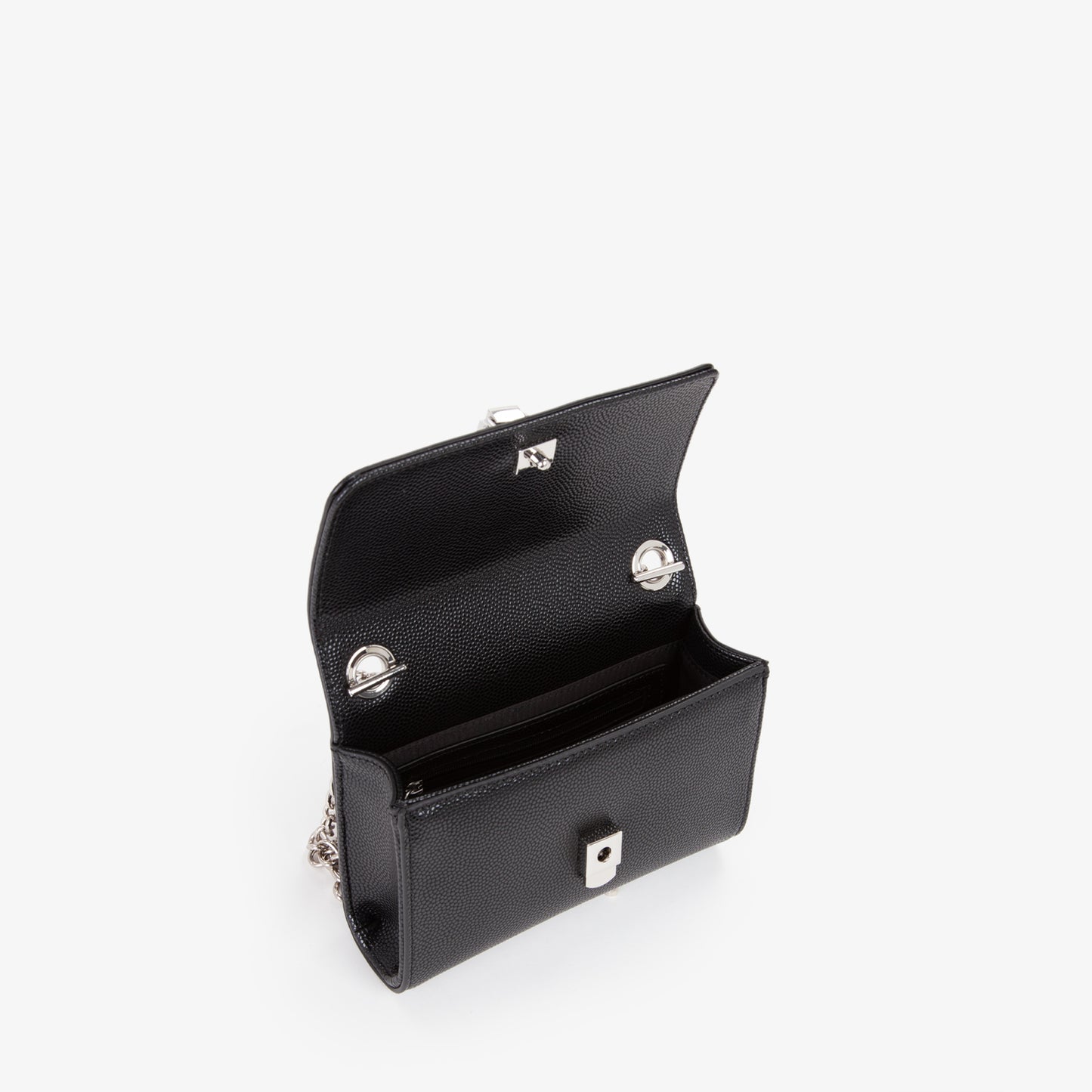 Sac pochette femme noir grainé chaîne argentée pompon