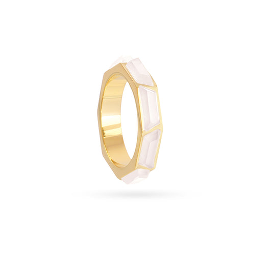 Bague femme acier doré pierres synthétiques blanches géométrique