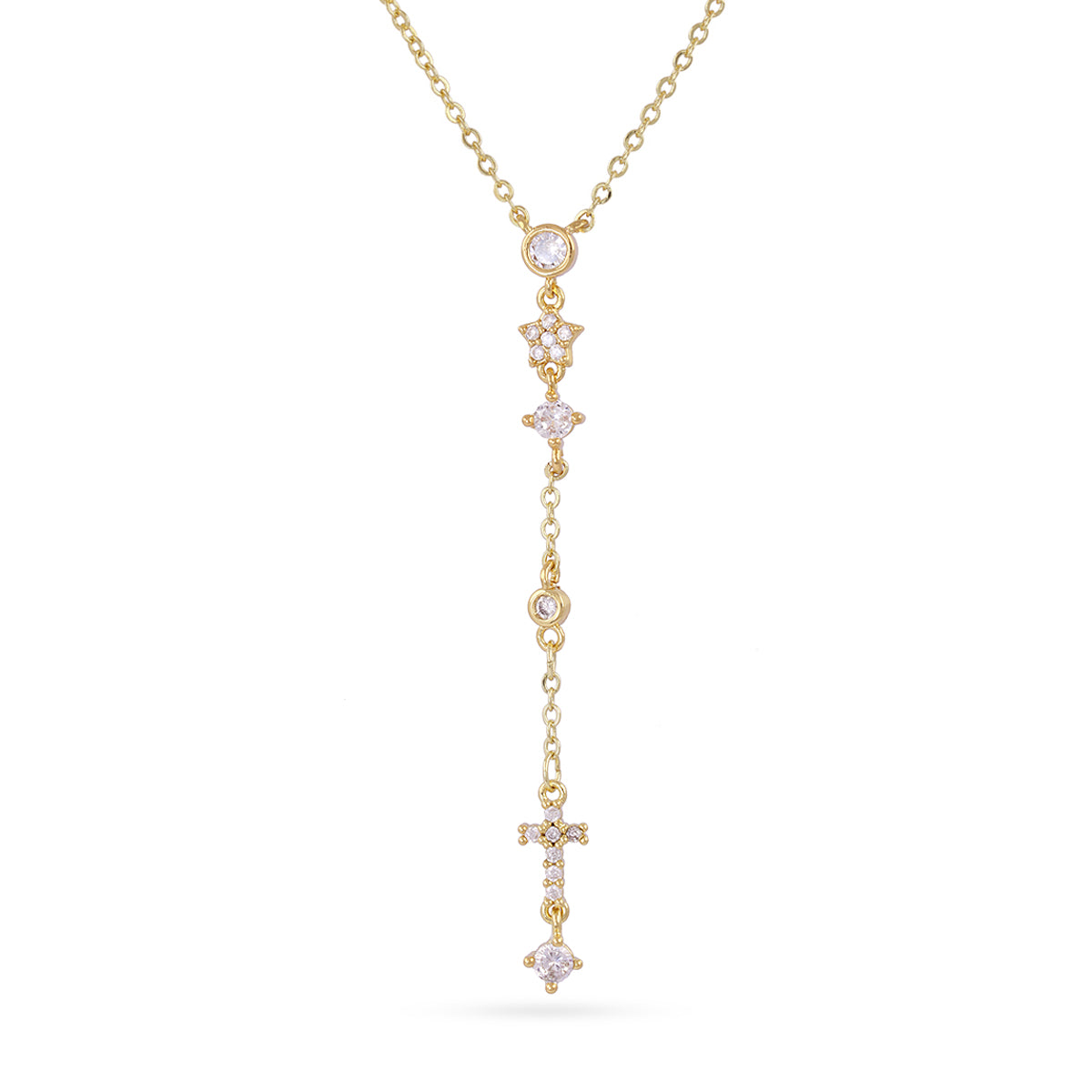Collier femme acier doré zirconia croix pendant lariat