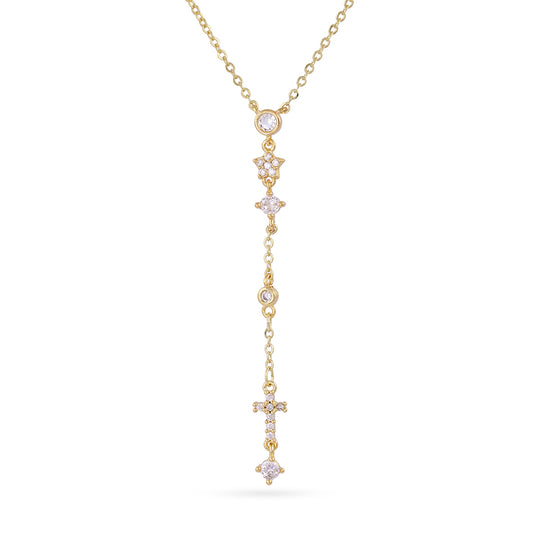 Collier femme acier doré zirconia croix pendant lariat