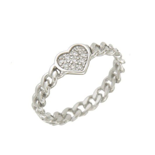 Bague femme argent rhodié chaîne coeur zirconia