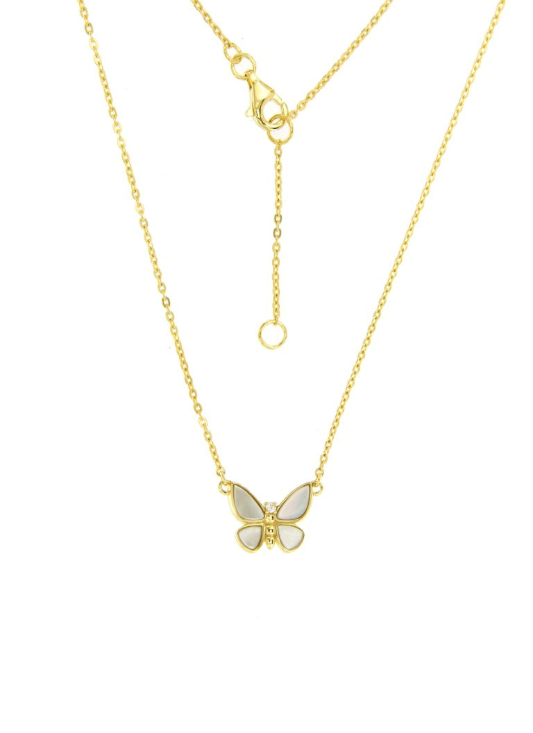 Collier femme argent doré papillon nacre et zirconia