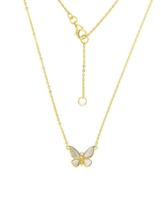 Collier femme argent doré papillon nacre et zirconia
