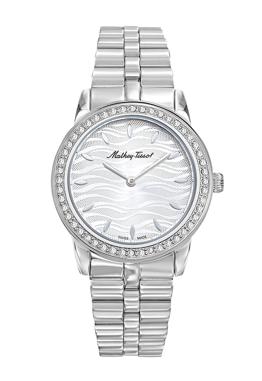 Montre femme acier argenté cadran vagues cristaux Swiss Made