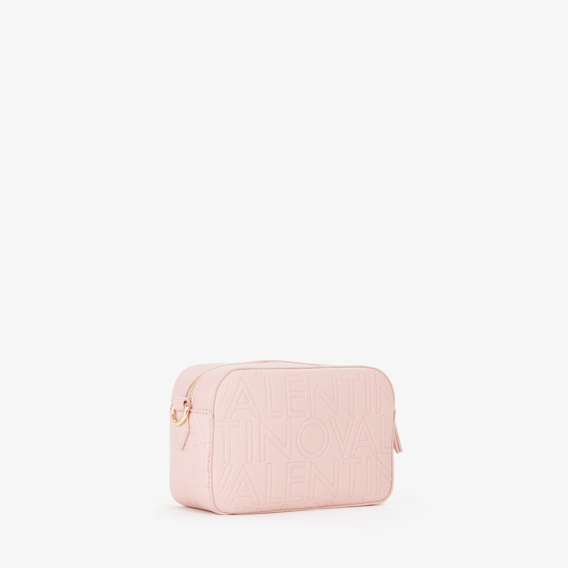 Sac bandoulière femme rose poudré embossé logo caméra