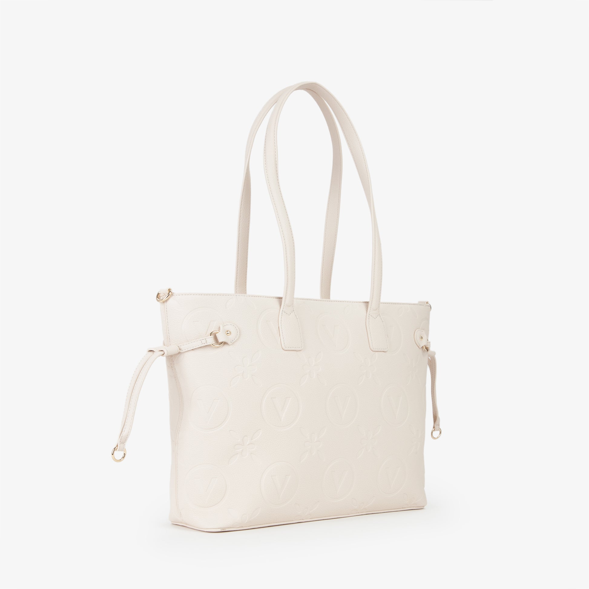 Sac cabas femme écru embossé monogramme anses cuir