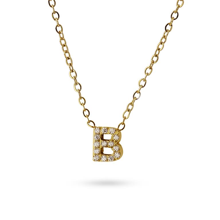 Collier femme acier jaune lettre B zirconia 38 cm