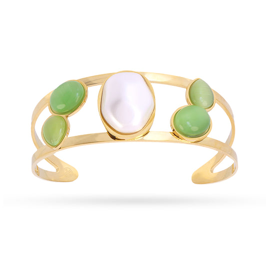 Bracelet femme acier doré perle baroque et pierres vertes