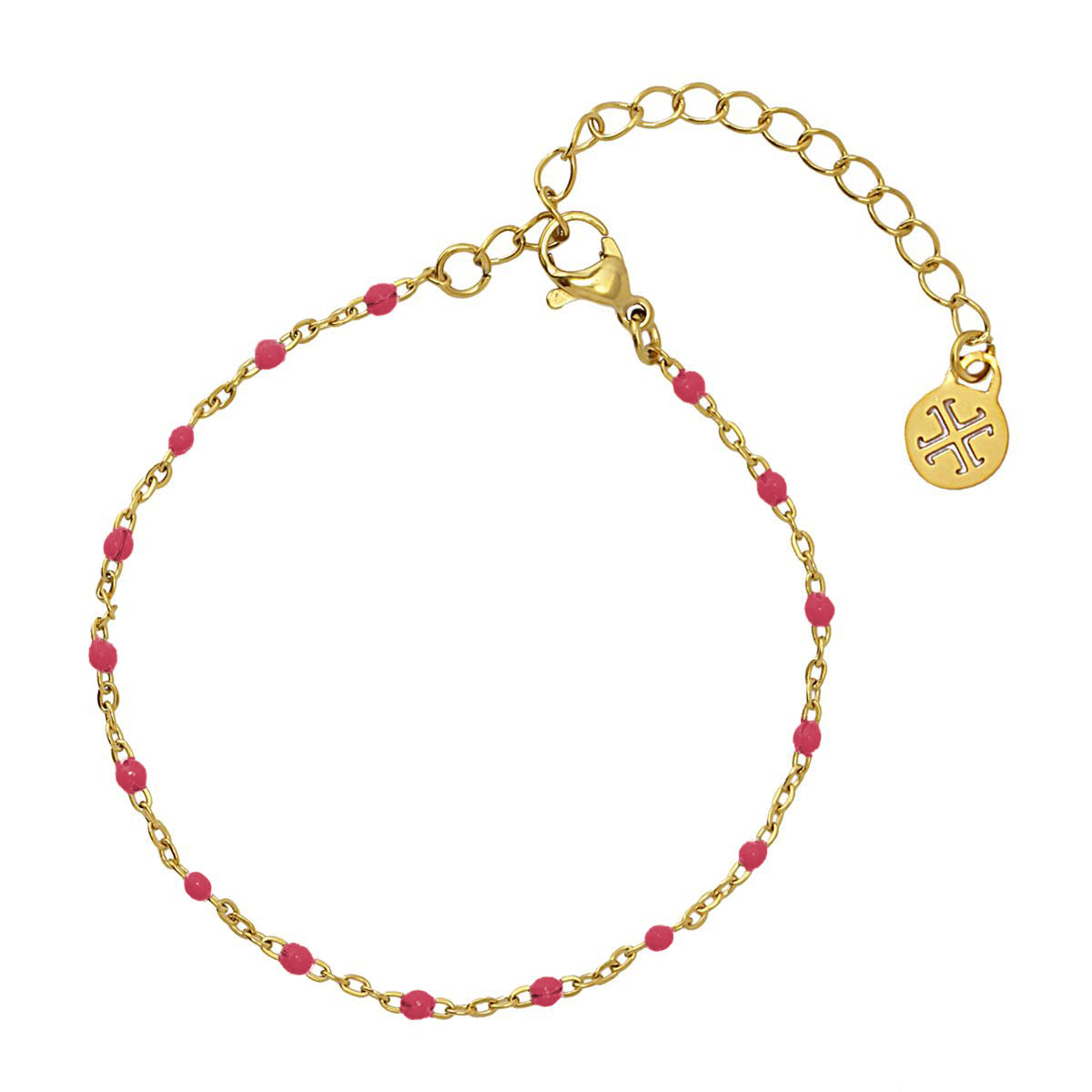 Bracelet femme acier doré chaîne perles émail rose