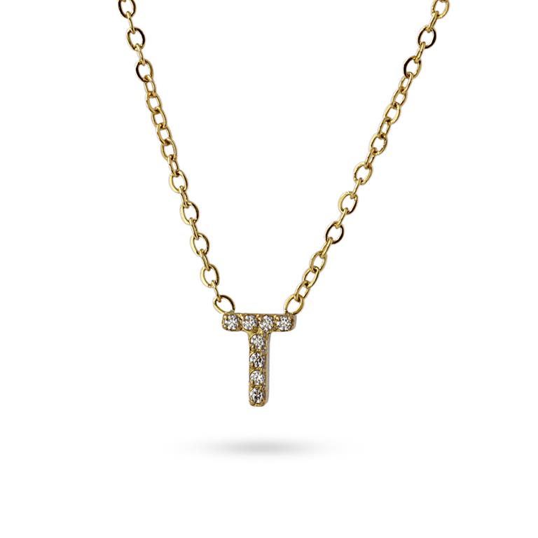 Collier femme acier jaune lettre T zirconia 38 cm