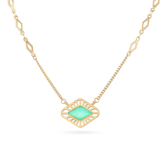 Collier femme acier doré pierre synthétique verte losange