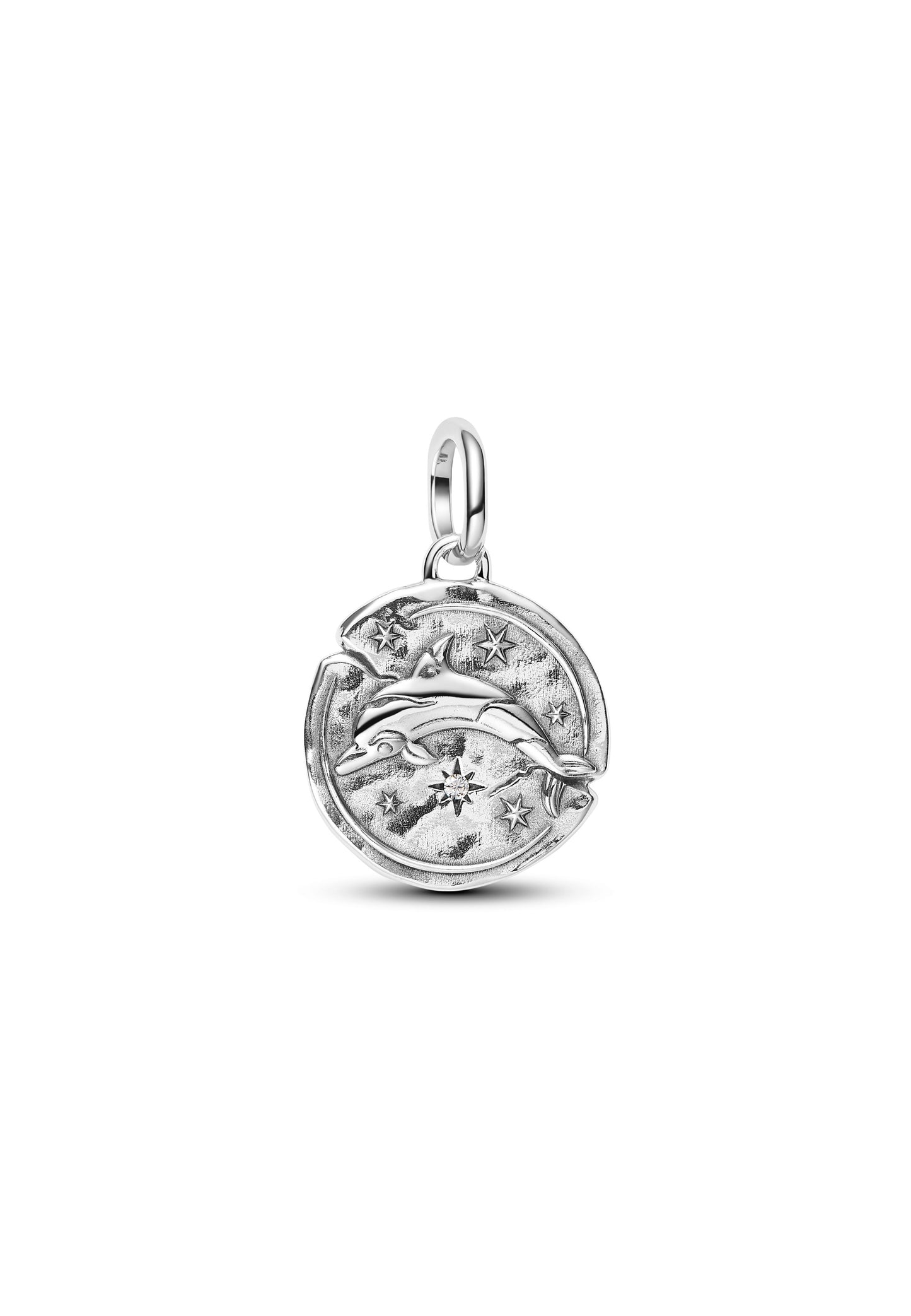 Charm médaillon argent 925 dauphin et étoiles zirkonia