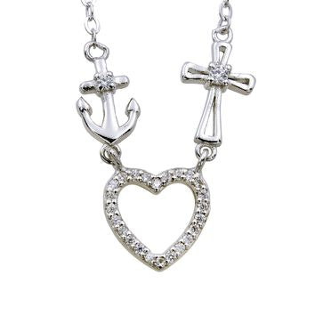 Collier femme argent rhodié cœur ancre croix zirconia