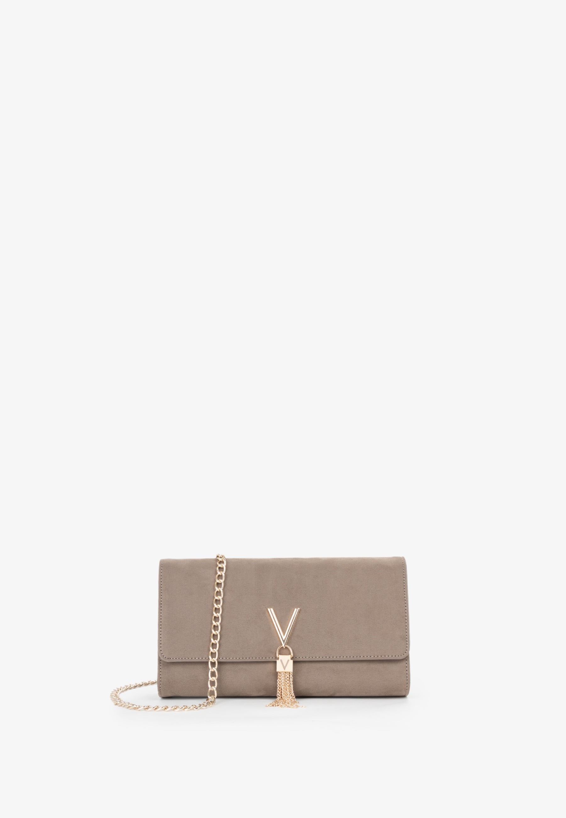 Sac bandoulière femme suédine taupe chaîne dorée