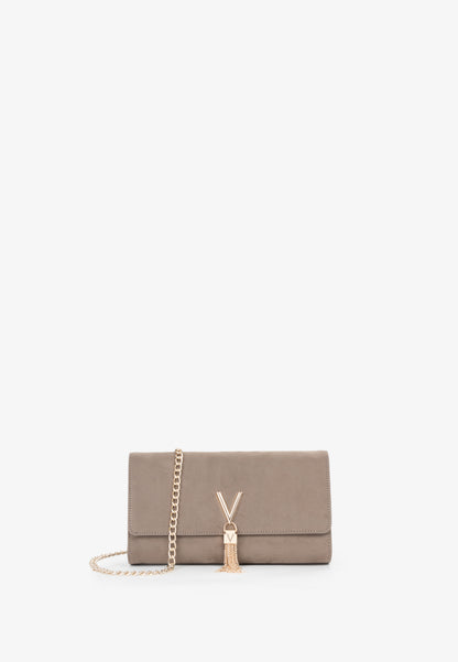 Sac bandoulière femme suédine taupe chaîne dorée