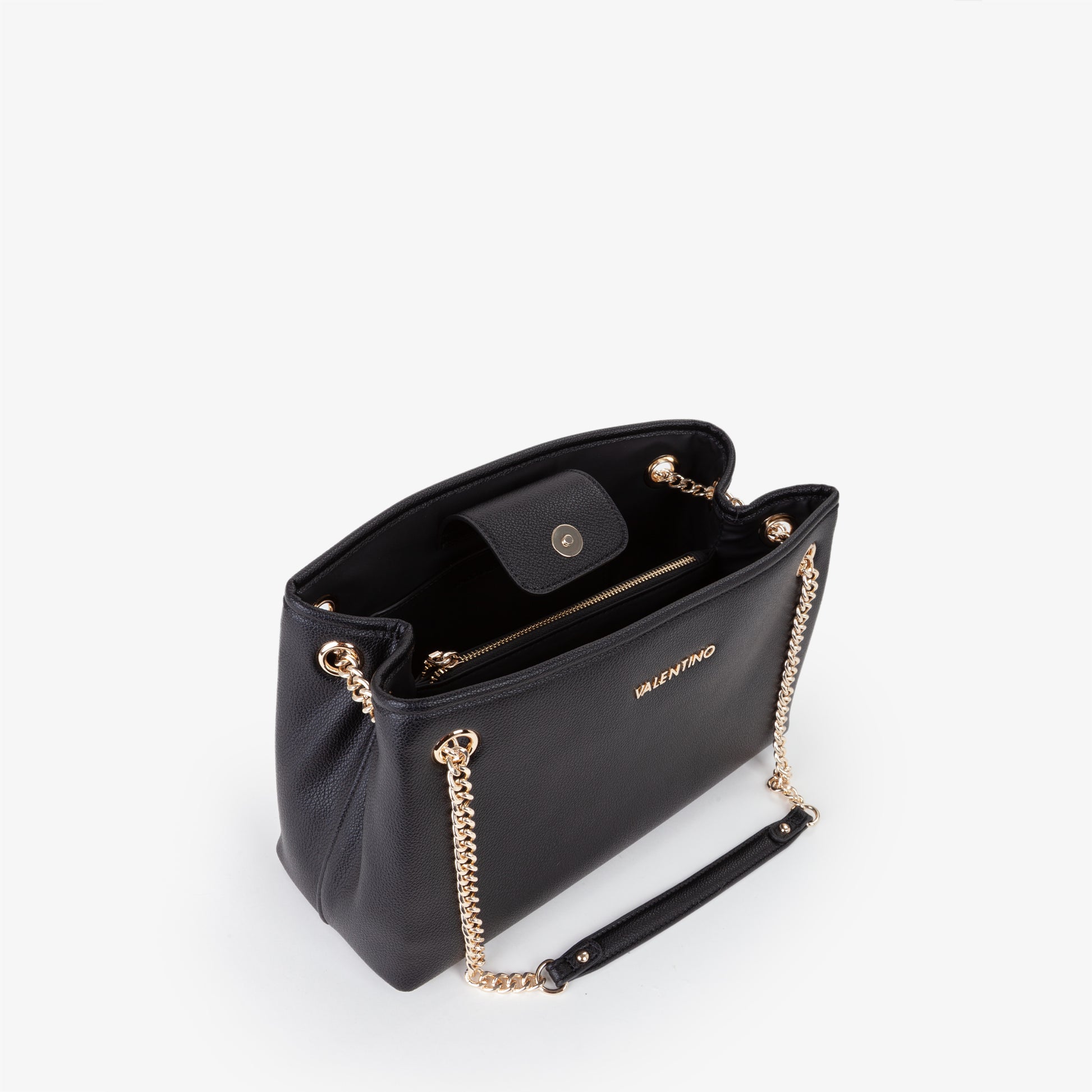 Sac femme noir chaînes dorées anses cuir grainé élégant