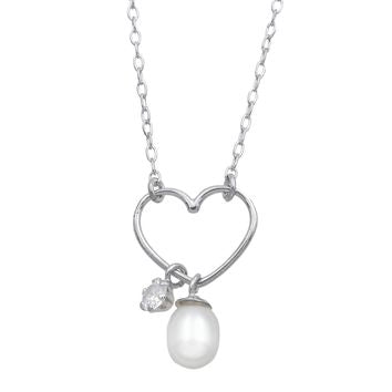 Collier femme argent rhodié cœur perle d'eau douce zirconia