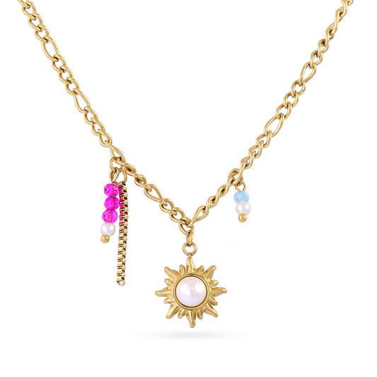 Collier femme acier doré soleil perle et pierres multicolores