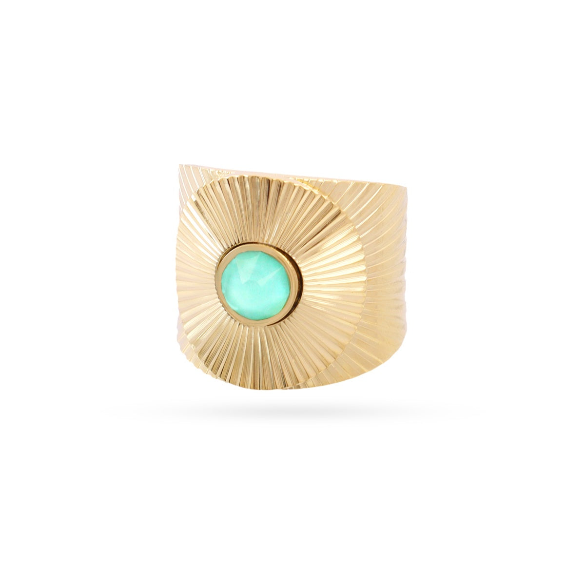 Bague femme acier doré pierre synthétique verte soleil