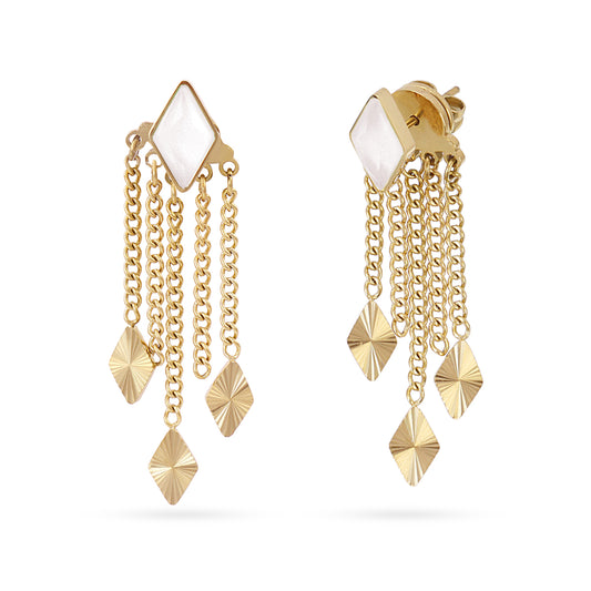 Boucles d'oreilles pendantes femme acier doré nacre et chaînes