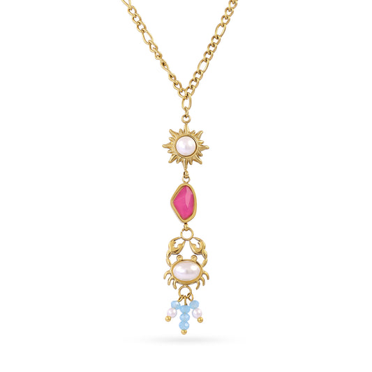 Collier femme acier doré soleil perle et pierre rose