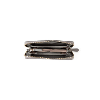 Portefeuille femme zippé saffiano gris clair doré