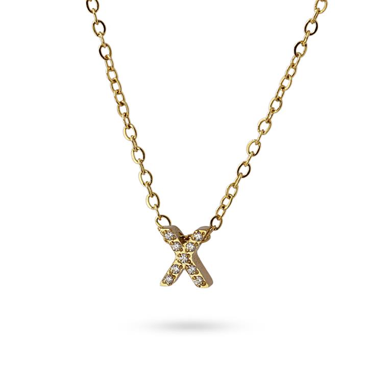 Collier femme acier doré lettre X zirconia 38 cm