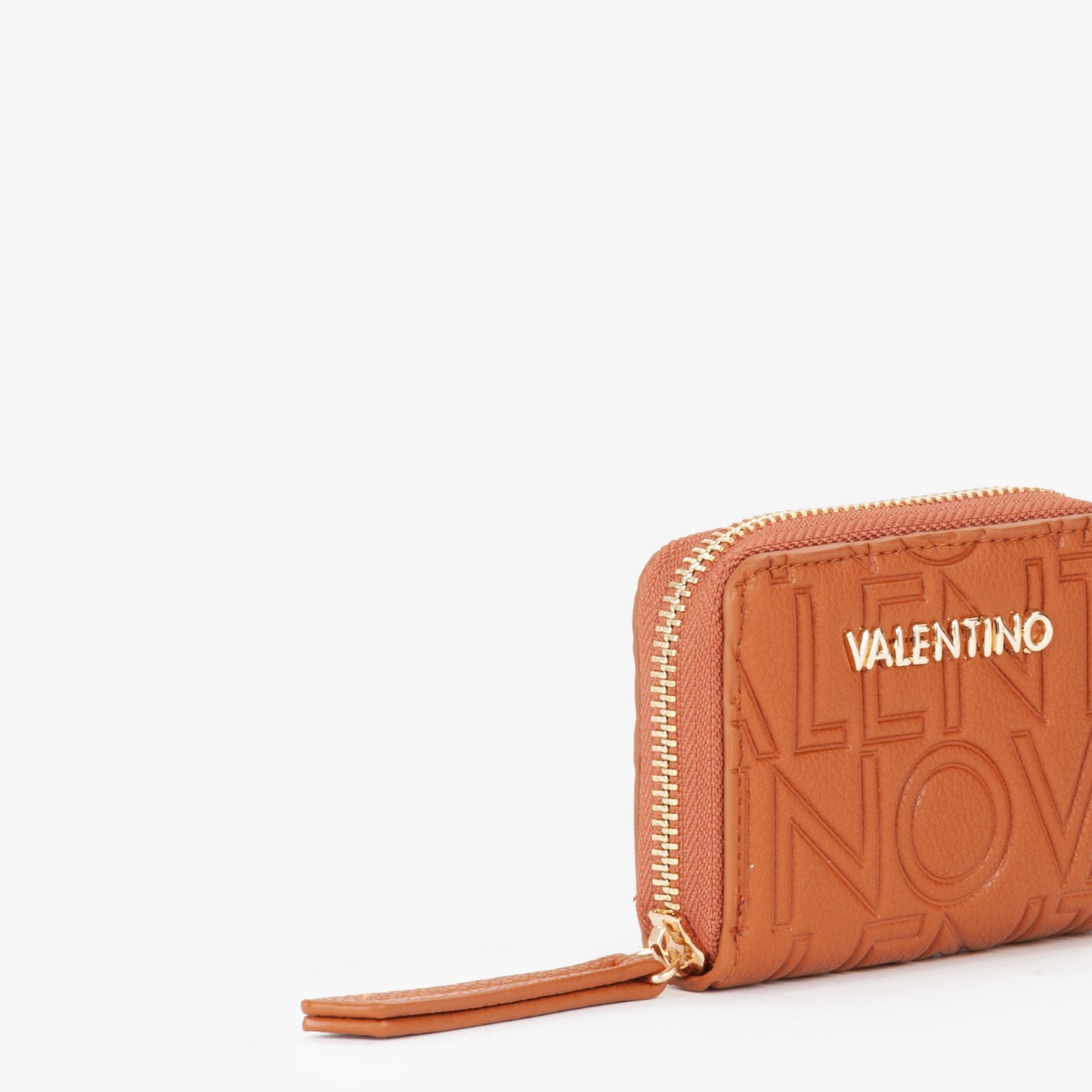 Portemonnaie femme zippé cuir grainé motif logo cognac
