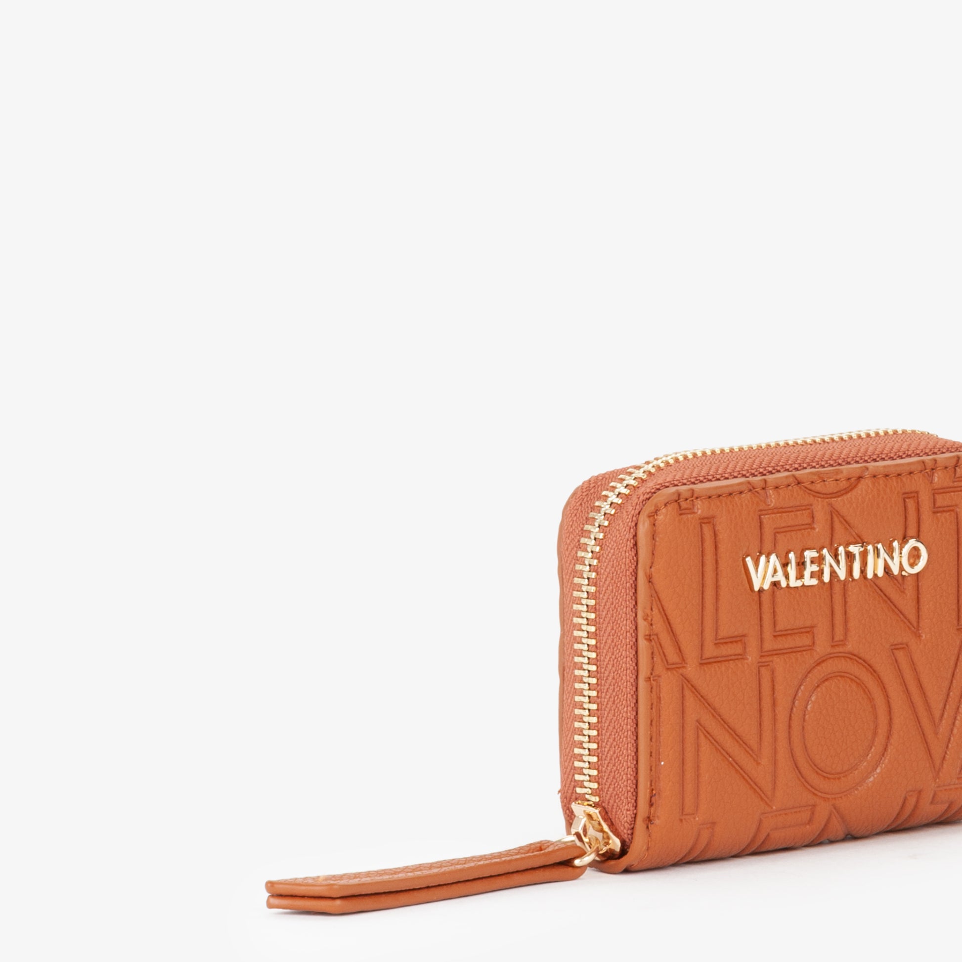 Portemonnaie femme zippé cuir grainé motif logo cognac