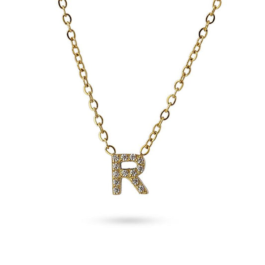 Collier femme acier jaune lettre R zirconia 38cm