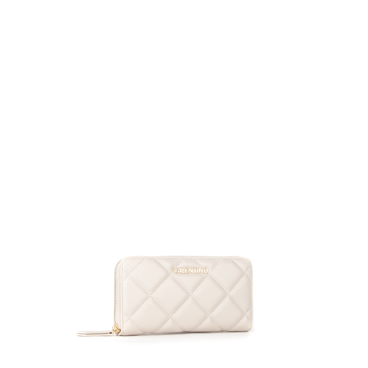 Portefeuille femme matelassé zippé écru finition dorée