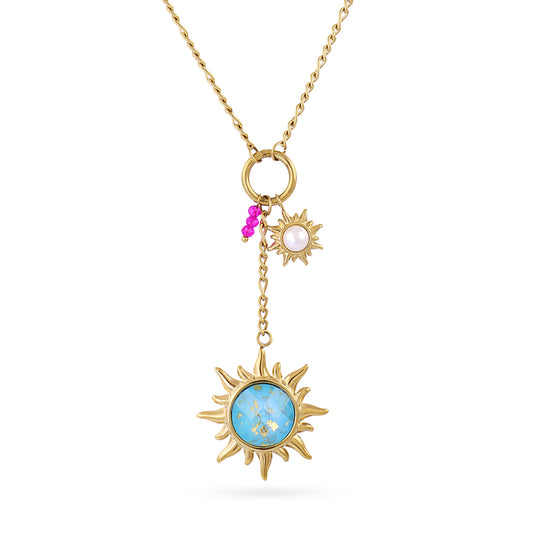 Collier femme acier doré pendentif soleil turquoise et perle