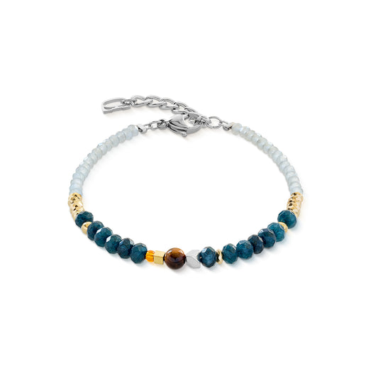 Sodalite, jade teinté, hématite avec finition à l'oxyde de titane, verre taillé, acier inoxydable doré