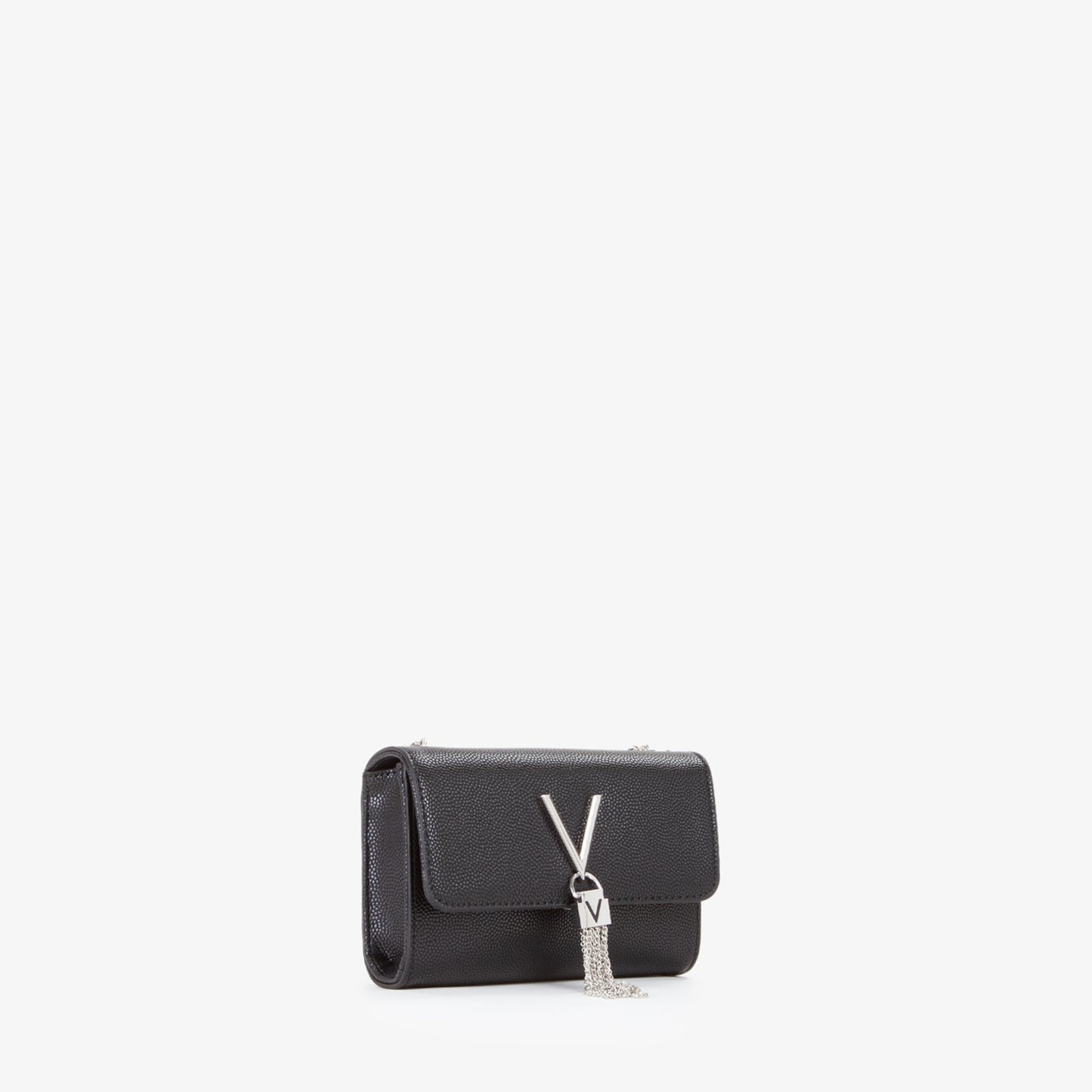 Sac pochette femme noir grainé chaîne argentée pompon